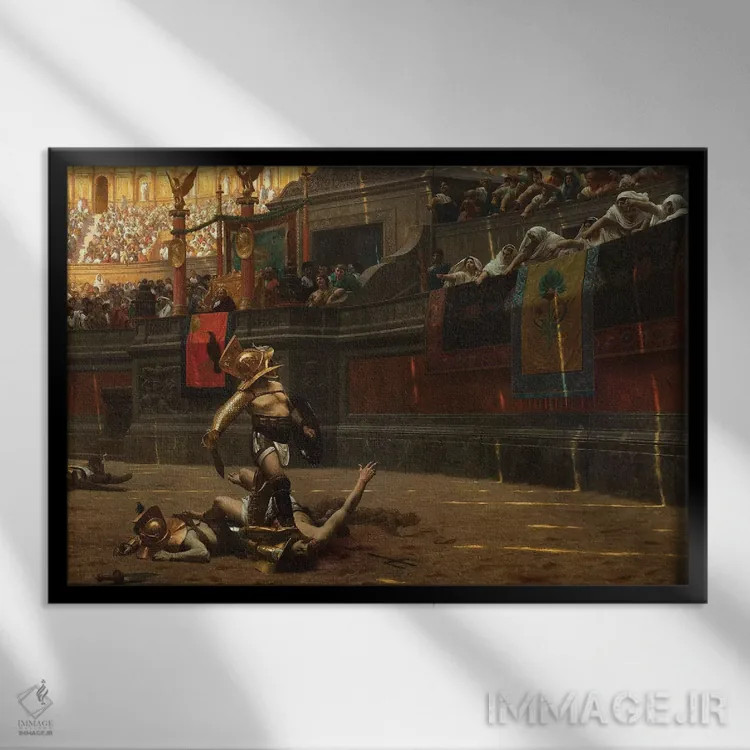 تابلو پولیسه ورسُو (اشاره شست پایین: اشاره رومی قضاوت مرگ) اثر ژان لئون ژروم (نقاش فرانسوی) - نمای قابدار مشکی