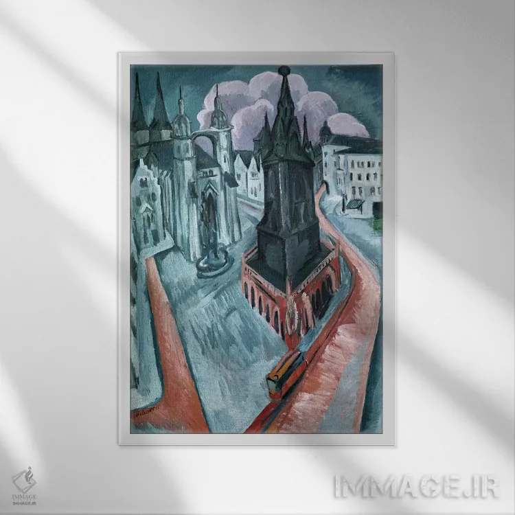 تابلو برج سرخ در هاله، ۱۹۱۵ (آلمان) اثر ارنست لودویگ کیرشنر (نقاش اکسپرسیونیست آلمانی) - نمای قابدار سفید
