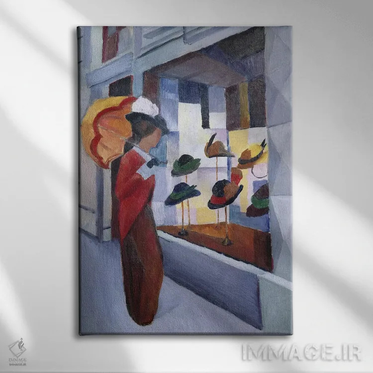 تابلو مغازه کلاهفروشی زنانه، ۱۹۱۴ اثر آگوست ماکه (نقاش اکسپرسیونیست آلمانی) - نمای روبهرو روی دیوار