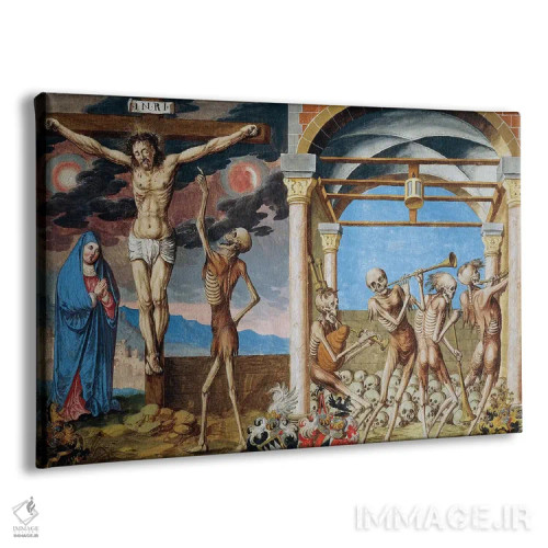 تابلو مرگ در پای صلیب؛ اسکلتهای رقصان در استخوانخانه از چرخهٔ رقص مرگ آلبرشت کائو، ۱۶۴۹ اثر نیکلاوس مانوئل - نمای پرسپکتیو محصول