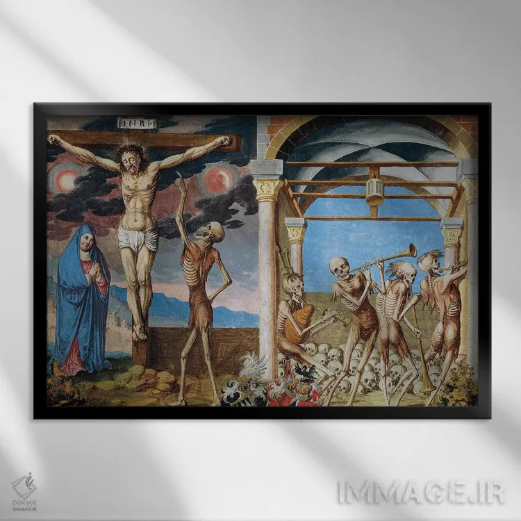 تابلو مرگ در پای صلیب؛ اسکلتهای رقصان در استخوانخانه از چرخهٔ رقص مرگ آلبرشت کائو، ۱۶۴۹ اثر نیکلاوس مانوئل - نمای قابدار مشکی