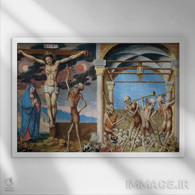 تابلو مرگ در پای صلیب؛ اسکلتهای رقصان در استخوانخانه از چرخهٔ رقص مرگ آلبرشت کائو، ۱۶۴۹ اثر نیکلاوس مانوئل - نمای قابدار سفید