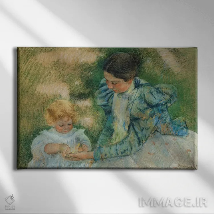 تابلو مادر در حال بازی با کودک، حدود ۱۸۹۷ اثر مری استیونسون کاسات (نقاش آمریکایی) - نمای روبهرو روی دیوار
