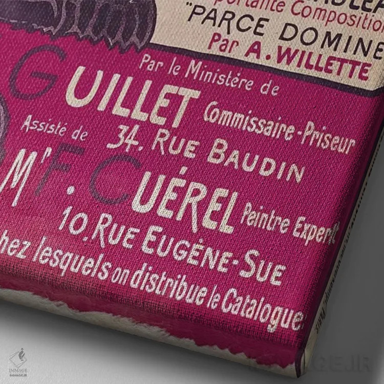 تابلو پوستر تبلیغاتی نمایشگاه "مجموعه شنوآر" در هتل دروئو، پاریس، مه ۱۸۹۸ اثر تئوفیل الکساندر استِنلن (نقاش گرافیست فرانسوی) - نمای نزدیک بافت بوم