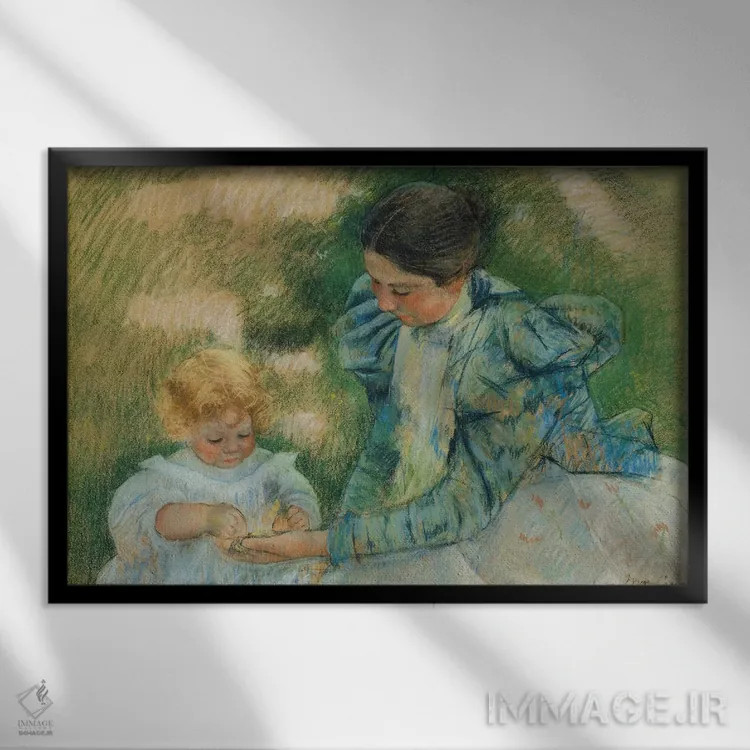 تابلو مادر در حال بازی با کودک، حدود ۱۸۹۷ اثر مری استیونسون کاسات (نقاش آمریکایی) - نمای قابدار مشکی