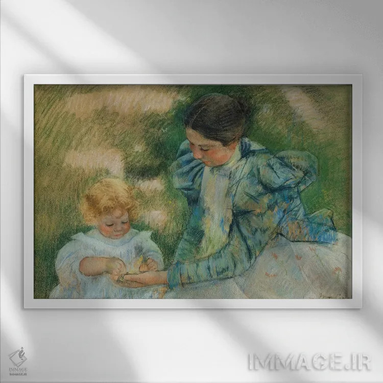 تابلو مادر در حال بازی با کودک، حدود ۱۸۹۷ اثر مری استیونسون کاسات (نقاش آمریکایی) - نمای قابدار سفید