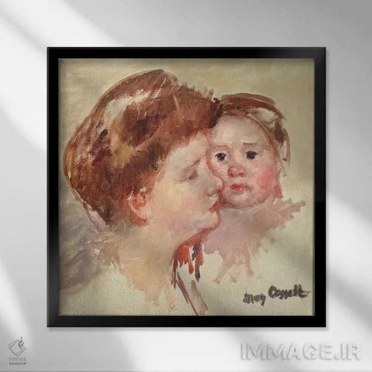 تابلو مادر در نیمرخ با نوزاد گونه به گونه (شماره ۲)، حدود ۱۹۰۹ اثر مری استیونسون کاسات (نقاش آمریکایی) - نمای قابدار مشکی
