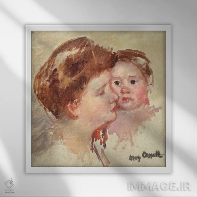 تابلو مادر در نیمرخ با نوزاد گونه به گونه (شماره ۲)، حدود ۱۹۰۹ اثر مری استیونسون کاسات (نقاش آمریکایی) - نمای قابدار سفید