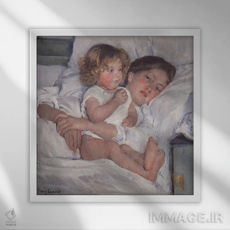 تابلو صبحانه در رختخواب، ۱۸۹۷ اثر مری استیونسون کاسات (نقاش آمریکایی) - نمای قابدار سفید