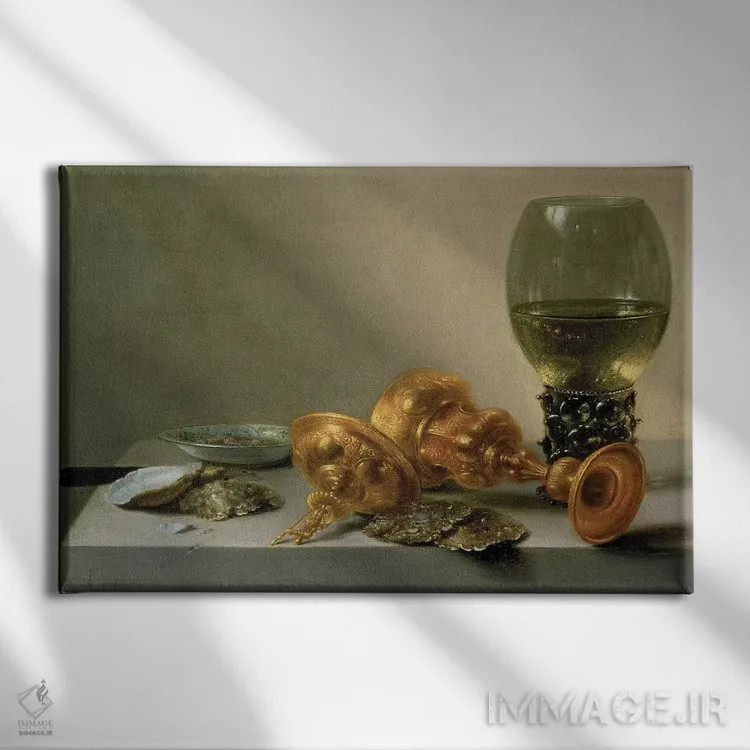 تابلو c.1635 (painting),طبیعت بیجان با روئمر و جام زرین، حدود ۱۶۳۵ (نقاشی) اثر پییتر کلایز - نمای روبهرو روی دیوار