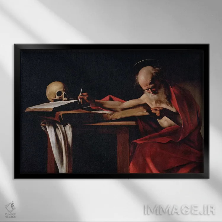 تابلو سنت جروم در حال نگارش، حدود ۱۶۰۵ اثر میکلآنژو مریزی دا کاراواجو (کاراواجو؛ نقاش بزرگ ایتالیایی) - نمای قابدار مشکی