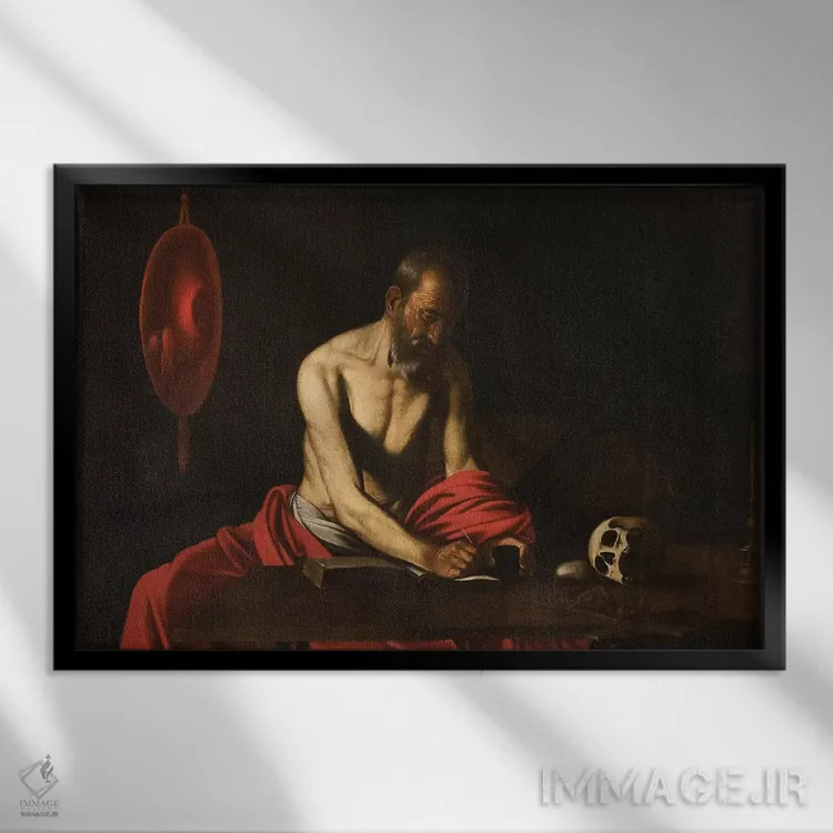 تابلو سنت جروم، ۱۶۰۷ (قدیس مترجم انجیل) اثر میکلآنژو مریزی دا کاراواجو (کاراواجو؛ نقاش بزرگ ایتالیایی) - نمای قابدار مشکی