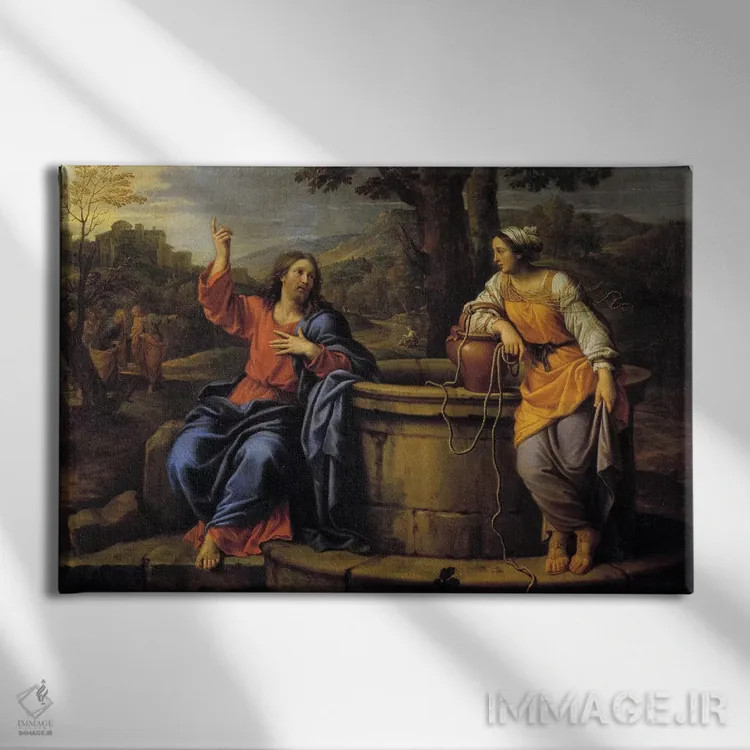 تابلو عیسی و زن سامری؛ عیسی در حال استراحت با زنی سامری که برای کشیدن آب آمده و از او طلب آب میکند اثر پیر میگنار - نمای روبهرو روی دیوار