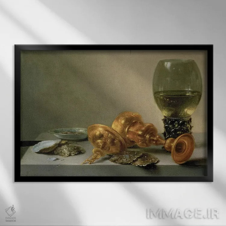 تابلو c.1635 (painting),طبیعت بیجان با روئمر و جام زرین، حدود ۱۶۳۵ (نقاشی) اثر پییتر کلایز - نمای قابدار مشکی