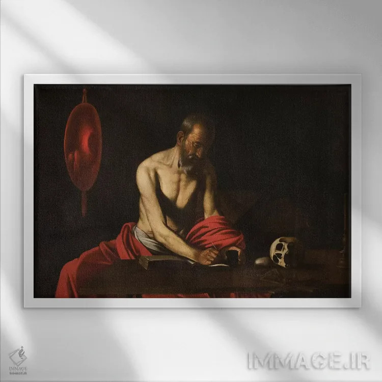 تابلو سنت جروم، ۱۶۰۷ (قدیس مترجم انجیل) اثر میکلآنژو مریزی دا کاراواجو (کاراواجو؛ نقاش بزرگ ایتالیایی) - نمای قابدار سفید