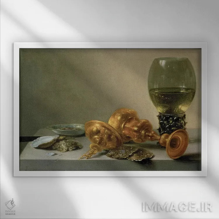 تابلو c.1635 (painting),طبیعت بیجان با روئمر و جام زرین، حدود ۱۶۳۵ (نقاشی) اثر پییتر کلایز - نمای قابدار سفید