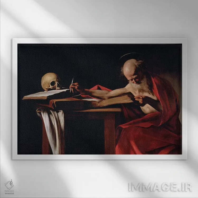 تابلو سنت جروم در حال نگارش، حدود ۱۶۰۵ اثر میکلآنژو مریزی دا کاراواجو (کاراواجو؛ نقاش بزرگ ایتالیایی) - نمای قابدار سفید
