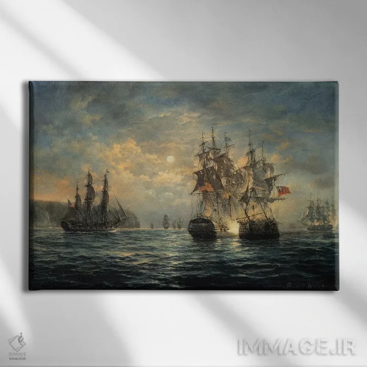 تابلو 1779,درگیری بین "بونوم ریچارد" و "سراپیس" در نزدیکی فلَمبرو هِد، ۱۷۷۹ اثر ریچارد ویلیس - نمای روبهرو روی دیوار