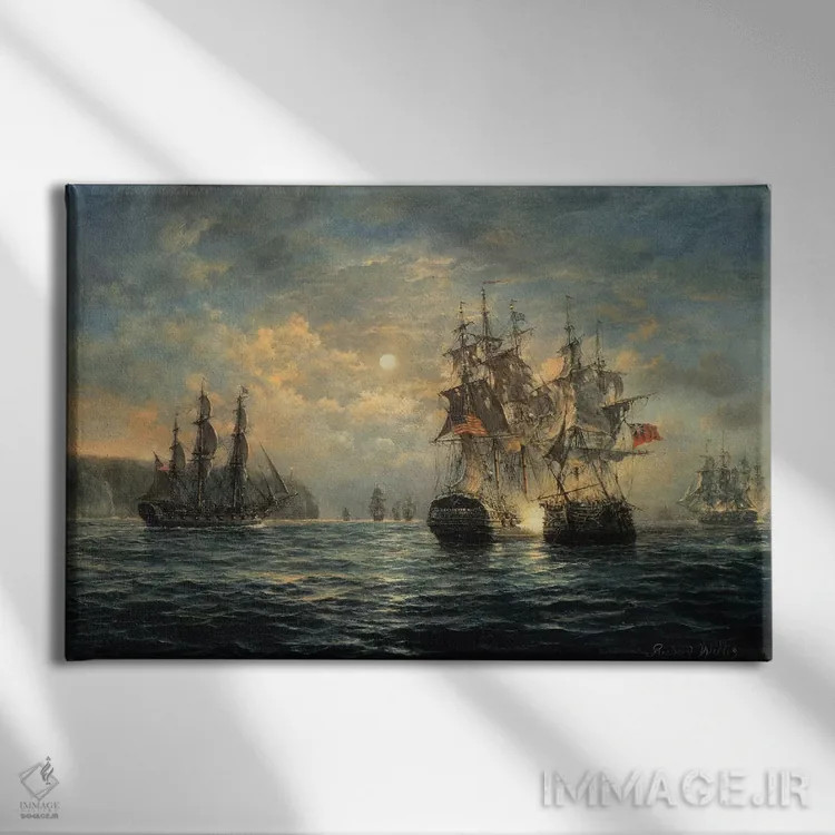 تابلو 1779,درگیری بین "بونوم ریچارد" و "سراپیس" در نزدیکی فلَمبرو هِد، ۱۷۷۹ اثر ریچارد ویلیس - نمای روبهرو روی دیوار