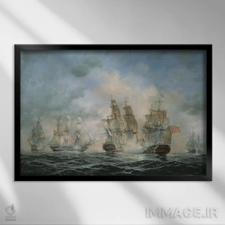 تابلو درگیری دریایی سده نوزدهم در آبهای داخلی اثر ریچارد ویلیس - نمای قابدار مشکی