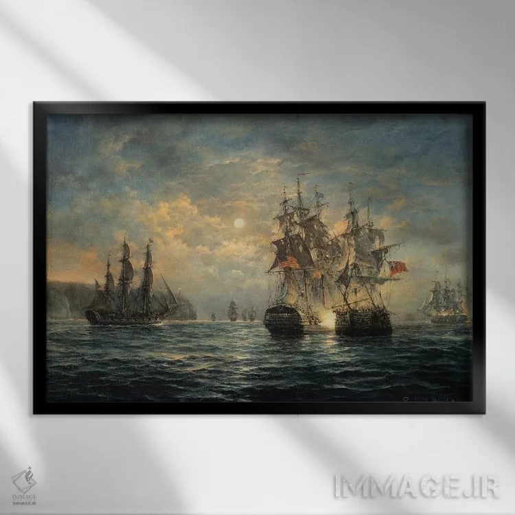 تابلو 1779,درگیری بین "بونوم ریچارد" و "سراپیس" در نزدیکی فلَمبرو هِد، ۱۷۷۹ اثر ریچارد ویلیس - نمای قابدار مشکی