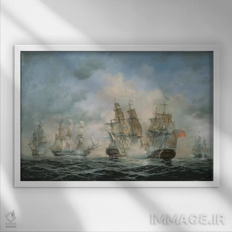 تابلو درگیری دریایی سده نوزدهم در آبهای داخلی اثر ریچارد ویلیس - نمای قابدار سفید