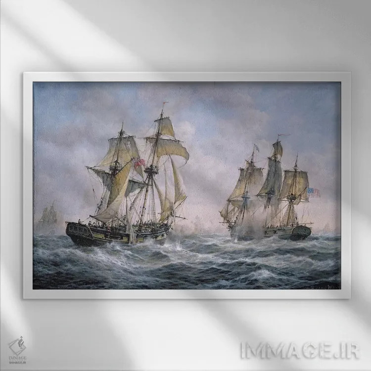 تابلو 1812,درگیری میان ناو جنگی آمریکایی "واسپ" و ناو انگلیسی "فرولیک"، ۱۸۱۲ اثر ریچارد ویلیس - نمای قابدار سفید