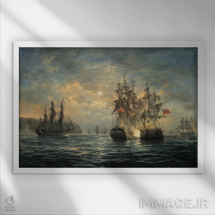 تابلو 1779,درگیری بین "بونوم ریچارد" و "سراپیس" در نزدیکی فلَمبرو هِد، ۱۷۷۹ اثر ریچارد ویلیس - نمای قابدار سفید