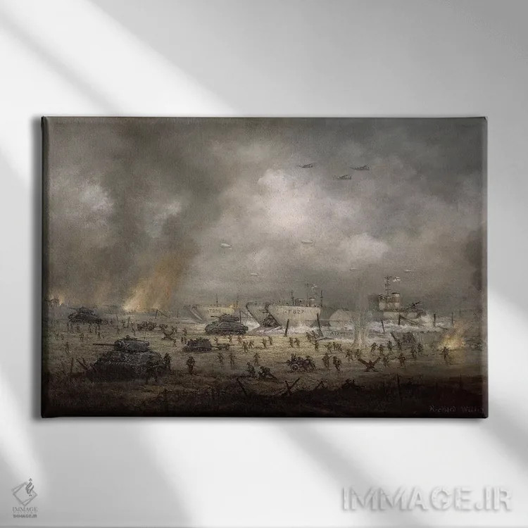 تابلو Sword Beach,ورود تانکها به ساحل سورد (نورماندی) اثر ریچارد ویلیس - نمای روبهرو روی دیوار