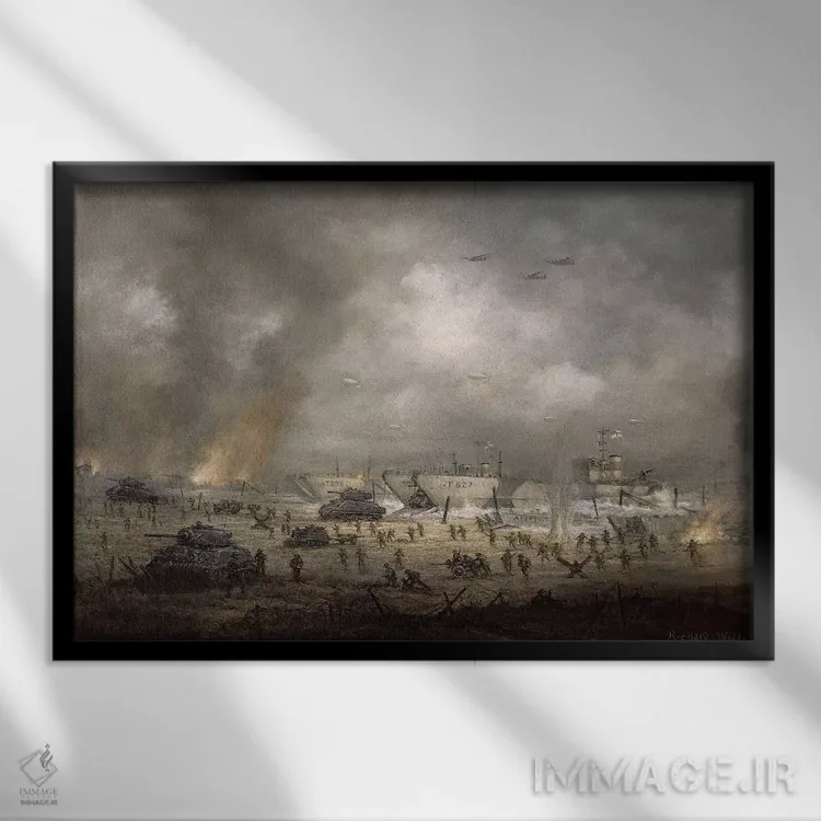 تابلو Sword Beach,ورود تانکها به ساحل سورد (نورماندی) اثر ریچارد ویلیس - نمای قابدار مشکی