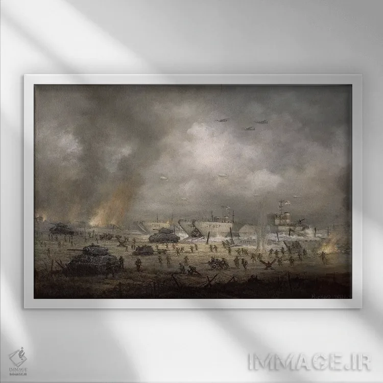 تابلو Sword Beach,ورود تانکها به ساحل سورد (نورماندی) اثر ریچارد ویلیس - نمای قابدار سفید