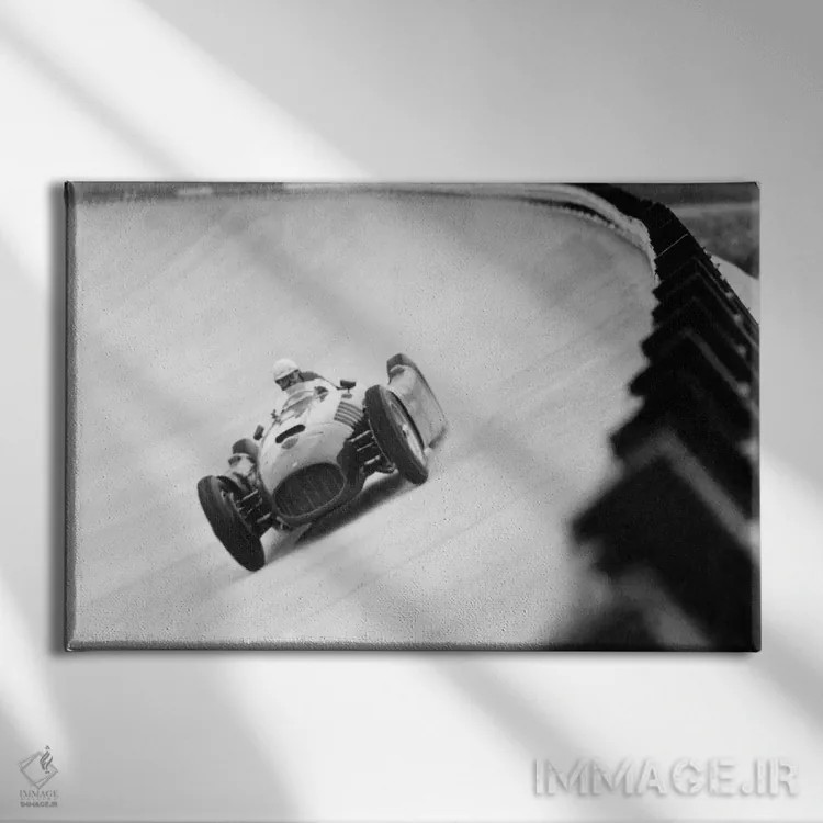 تابلو Monza Eni Circuit, Qualifying Round, Italian Grand Prix, August 26, 1955,امیلیو جوزپه "نینو" فارینا در حال رانندگی با فراری خود در پیست مونزا - دور انتخابی جایزه بزرگ ایتالیا، ۲۶ اوت ۱۹۵۵ اثر رو دز آرشیو (آرشیو خیابان) - نمای روبهرو روی دیوار