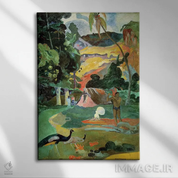 تابلو 1892,ماتامو (منظره با طاووس)، ۱۸۹۲ اثر پل گوگن - نمای روبهرو روی دیوار
