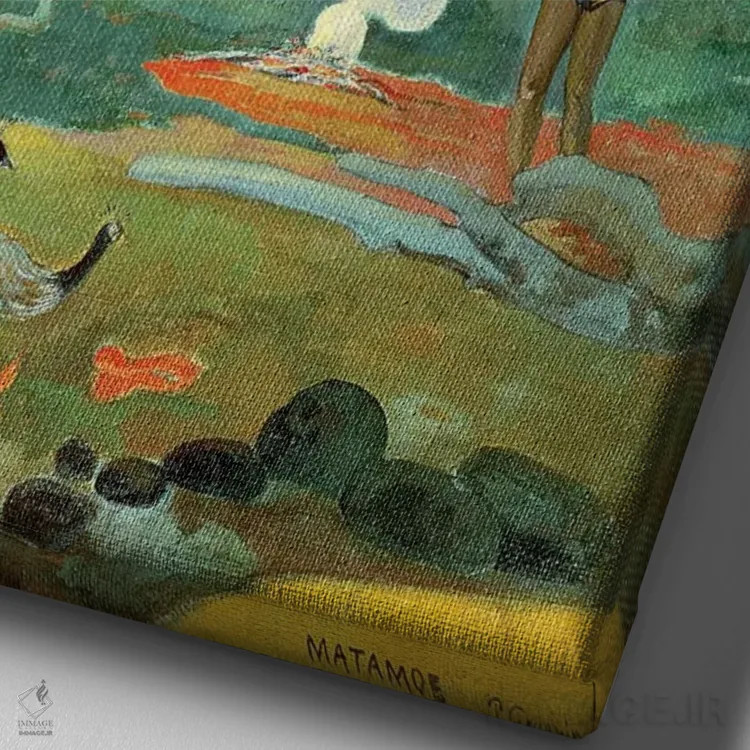 تابلو 1892,ماتامو (منظره با طاووس)، ۱۸۹۲ اثر پل گوگن - نمای نزدیک بافت بوم