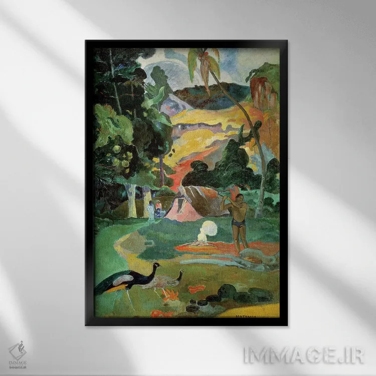تابلو 1892,ماتامو (منظره با طاووس)، ۱۸۹۲ اثر پل گوگن - نمای قابدار مشکی