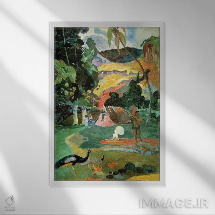 تابلو 1892,ماتامو (منظره با طاووس)، ۱۸۹۲ اثر پل گوگن - نمای قابدار سفید