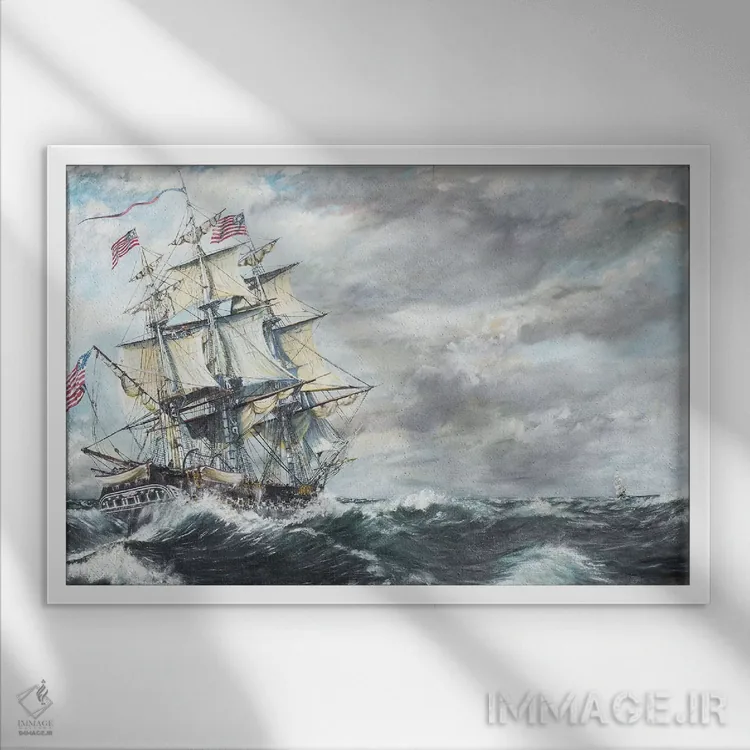 تابلو 2003,کشتی USS Constitution به سوی ناو جنگی Guerriere، ۱۹ اوت ۱۸۱۲ (تصویر مربوط به ۲۰۰۳) اثر وینسنت الکساندر بوت - نمای قابدار سفید