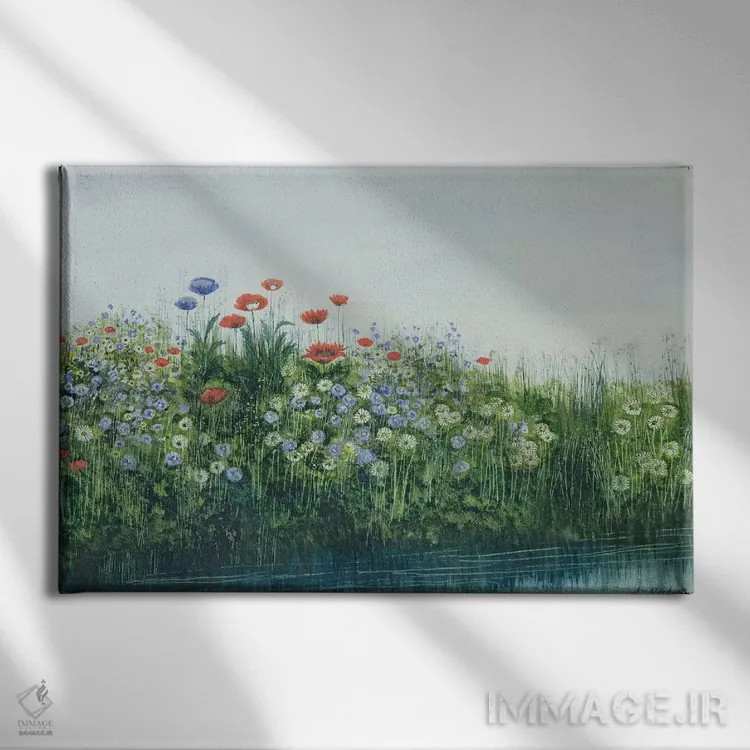 تابلو شقایقها کنار جویبار اثر اندرو نیکول - نمای روبهرو روی دیوار