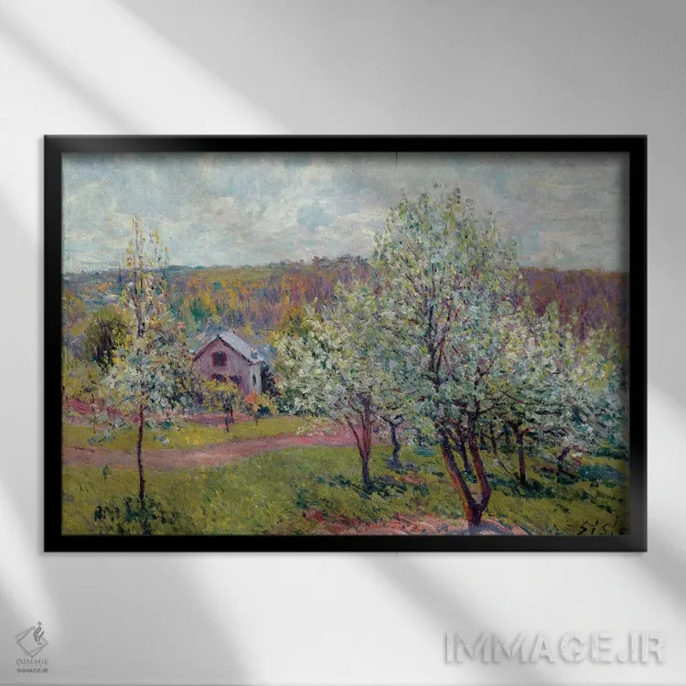 تابلو Apple Blossom, 1879,بهار در اطراف پاریس، شکوفه سیب، ۱۸۷۹ اثر آلفرد سیسلی (نقاش امپرسیونیست انگلیسی-فرانسوی) - نمای قابدار مشکی