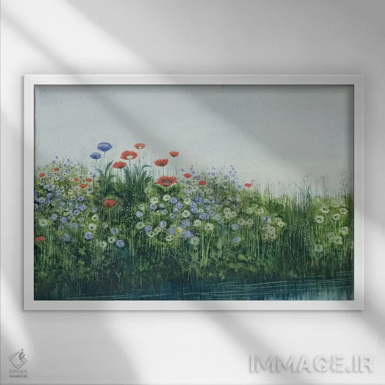 تابلو شقایقها کنار جویبار اثر اندرو نیکول - نمای قابدار سفید