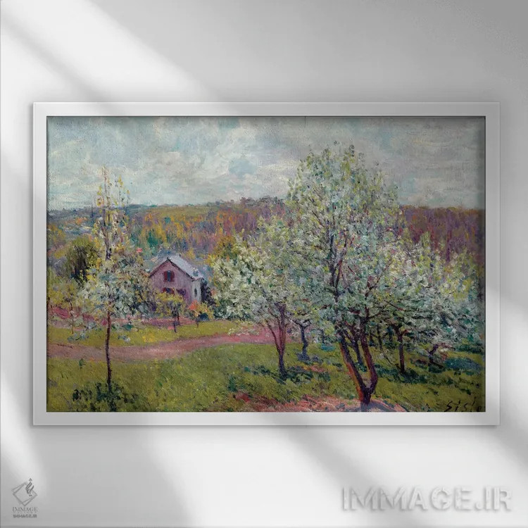 تابلو Apple Blossom, 1879,بهار در اطراف پاریس، شکوفه سیب، ۱۸۷۹ اثر آلفرد سیسلی (نقاش امپرسیونیست انگلیسی-فرانسوی) - نمای قابدار سفید