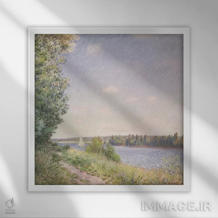 تابلو the water path in the evening, Sahurs, 1894,نورماندی، آبراهه در شامگاه، ساحورس، ۱۸۹۴ اثر آلفرد سیسلی (نقاش امپرسیونیست انگلیسی-فرانسوی) - نمای قابدار سفید