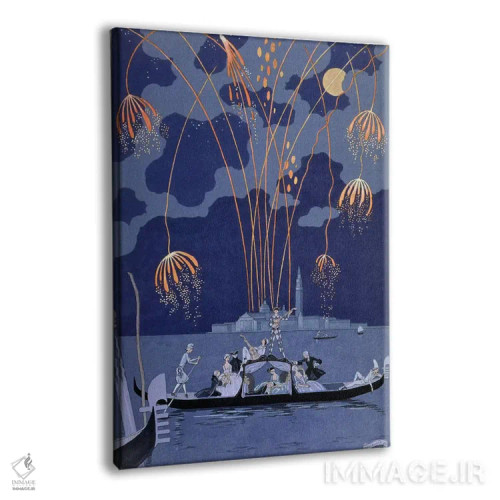 تابلو illustration for 'Fetes Galantes' by Paul Verlaine (1844-96) 1924 (pochoir print),آتشبازی در ونیز، تصویرسازی برای "جشنهای خوشگذرانی" اثر پل ورلن (۱۸۴۴–۹۶)، ۱۹۲۴ (چاپ پوشر) اثر جورج باربیه (طراح و تصویرگر فرانسوی) - نمای پرسپکتیو محصول