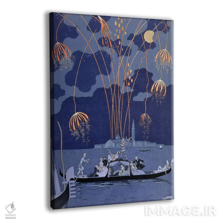 تابلو illustration for 'Fetes Galantes' by Paul Verlaine (1844-96) 1924 (pochoir print),آتشبازی در ونیز، تصویرسازی برای "جشنهای خوشگذرانی" اثر پل ورلن (۱۸۴۴–۹۶)، ۱۹۲۴ (چاپ پوشر) اثر جورج باربیه (طراح و تصویرگر فرانسوی) - نمای پرسپکتیو محصول