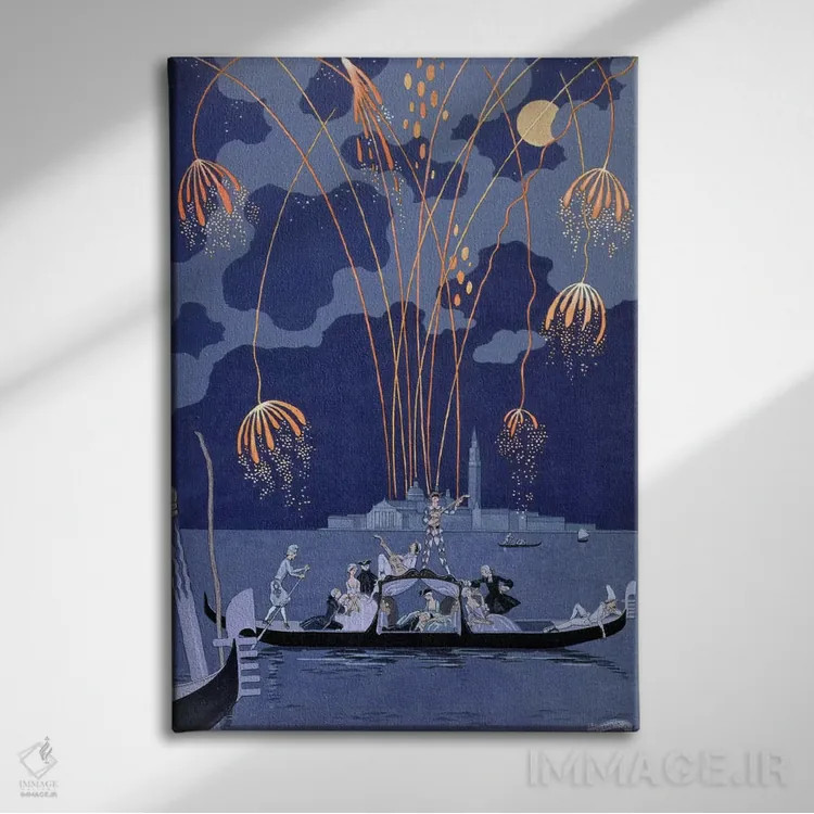 تابلو illustration for 'Fetes Galantes' by Paul Verlaine (1844-96) 1924 (pochoir print),آتشبازی در ونیز، تصویرسازی برای "جشنهای خوشگذرانی" اثر پل ورلن (۱۸۴۴–۹۶)، ۱۹۲۴ (چاپ پوشر) اثر جورج باربیه (طراح و تصویرگر فرانسوی) - نمای روبهرو روی دیوار