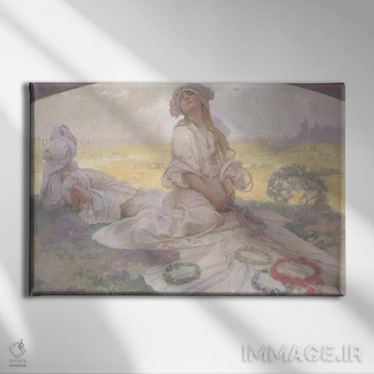 تابلو c.1930,آواز بوهِمیا، حدود ۱۹۳۰ اثر آلفونس موخا (هنرمند آرت نووی چک) - نمای روبهرو روی دیوار