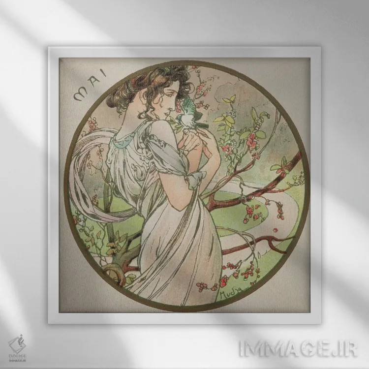 تابلو 1899,مه، ۱۸۹۹ اثر آلفونس موخا (هنرمند آرت نووی چک) - نمای قابدار سفید