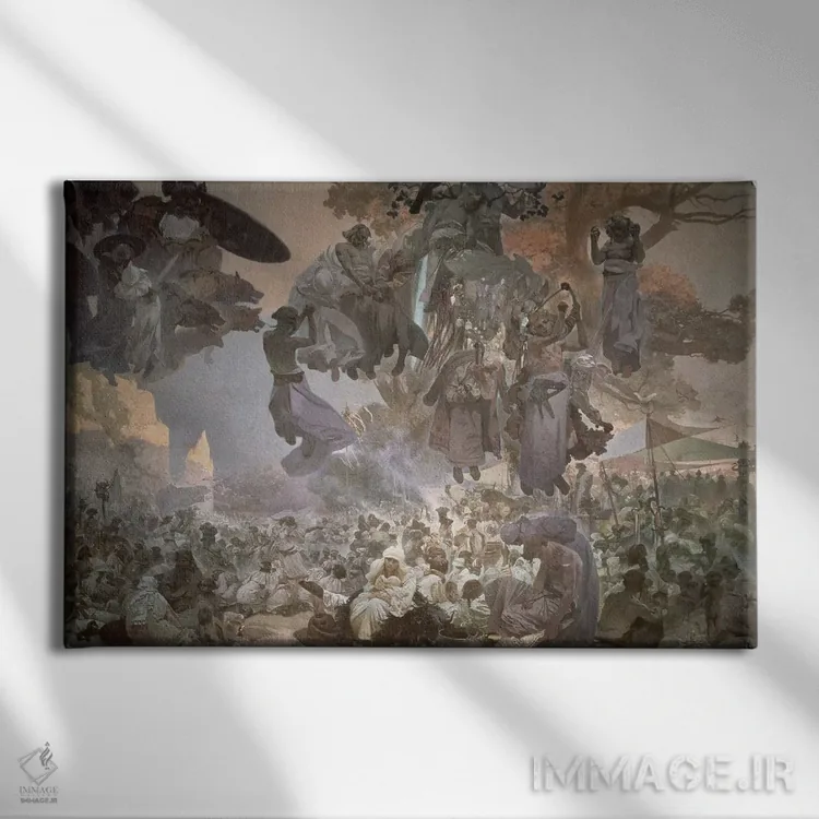 تابلو from the 'Slav Epic', 1912,جشن سوانتوویت در جزیره روگن، از مجموعه "حماسه اسلاو"، ۱۹۱۲ اثر آلفونس موخا (هنرمند آرت نووی چک) - نمای روبهرو روی دیوار