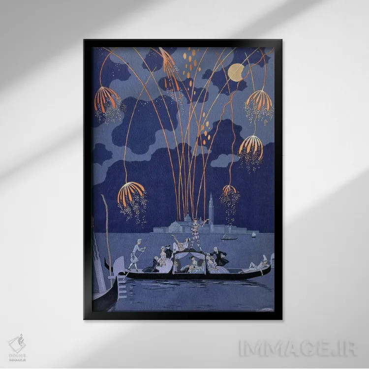 تابلو illustration for 'Fetes Galantes' by Paul Verlaine (1844-96) 1924 (pochoir print),آتشبازی در ونیز، تصویرسازی برای "جشنهای خوشگذرانی" اثر پل ورلن (۱۸۴۴–۹۶)، ۱۹۲۴ (چاپ پوشر) اثر جورج باربیه (طراح و تصویرگر فرانسوی) - نمای قابدار مشکی