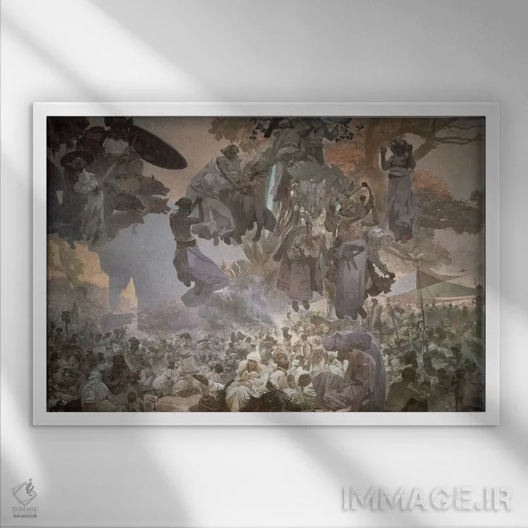 تابلو from the 'Slav Epic', 1912,جشن سوانتوویت در جزیره روگن، از مجموعه "حماسه اسلاو"، ۱۹۱۲ اثر آلفونس موخا (هنرمند آرت نووی چک) - نمای قابدار سفید